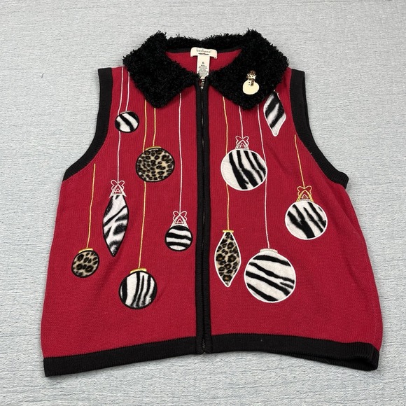 Vtg Bechamel Sweater Vest Cardigan Size XL Ornaments Collared Snowman Broach - Picture 1 of 6